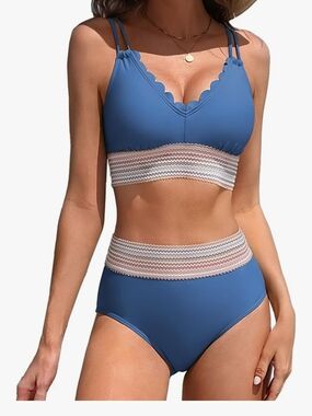 Women’s Scallop Trim Blue High-Waist Bikini Set